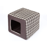 PillowPrim Hundehütte Hundebett 2in1 Hundehöhle Hundebett Hundehaus Tierbett braun kariert Größe M 43x43 cm