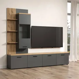 trendteam Wohnwand HOME AFFAIRE "Bajo", anthrazit, evoke eiche, B:240cm H:212cm T:40cm, Glas, Holzwerkstoff, Kunststoff, Kastenmöbel-Sets, Wohnwand, Set bestehend aus: 2x TV-Lowboards, 1x Hängevitrine