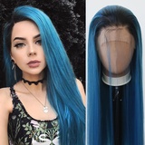 Towarm Ombré-Perücke, lang, glatt, synthetische Lace-Front-Perücke für Damen, 2 Farbtöne, blau, vorgezupft, natürlicher Haaransatz mit Babyhaar, Hochtemperaturfaser, handgebunden, Cosplay,