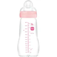 MAM Glasflasche, 2-4 Monate, 260 ml, mit Sauger 2 mit mittlerem Durchfluss aus Silikon, leicht zu reinigen, Feel Good, Rosa, 1 Stück