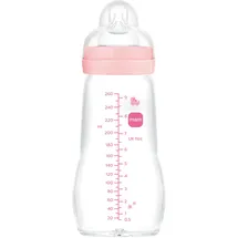 MAM Glasflasche, 2-4 Monate, 260 ml, mit Sauger 2 mit mittlerem Durchfluss aus Silikon, leicht zu reinigen, Feel Good, Rosa, 1 Stück