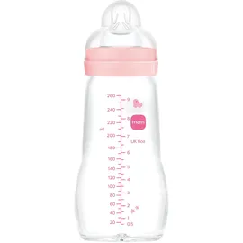 MAM Glasflasche, 2-4 Monate, 260 ml, mit Sauger 2 mit mittlerem Durchfluss aus Silikon, leicht zu reinigen, Feel Good, Rosa, 1 Stück
