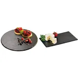 APS 975 Drehbarer Schiefer Tortenständer mit Anti-Rutsch-Füßen, Ø 32 x 2,5 cm & Kesper Buffet-Platte, Servierplatte, Schieferplatte, aus Schiefer, geölt, Maße: 300 x 200 x 10 mm, schwarz