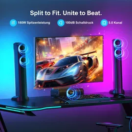 ultimea 5.0-Kanal abnehmbarer Soundbar für Smart-TVs mit RGB-Beleuchtung, App-Steuerung, Spitzenleistung 180W, Bluetooth 5.3, HDMI/OPT/AUX, Apollo S70 - Schwarz