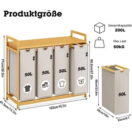 ADEL DREAM AdelDream Wäschekorb 200L, 4 Fächer, Wäschesammler mit Bambusrahmen,