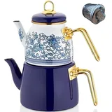 Vintage Türkische Teekanne Teekanne Wasserkocher Set für Herd Herd Top Deko Infuser Party Tassen Gläser Floral Einzigartiger Boiler Samowar Sieb Lose Blatt Küche Stil Emaille Dekor (Weiß-Blau)