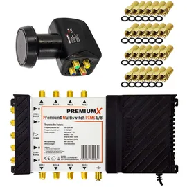 PremiumX Multischalter Set 5/8 Multiswitch Quattro LNB 24x F-Stecker, Satverteiler 1 SAT für 8 Teilnehmer HDTV FullHD 4K UHD 8K