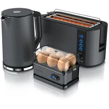 Arendo 3-teiliges Frühstücksset - Wasserkocher 1,5l, 4-Scheiben Toaster, 6er Eierkocher, Grau