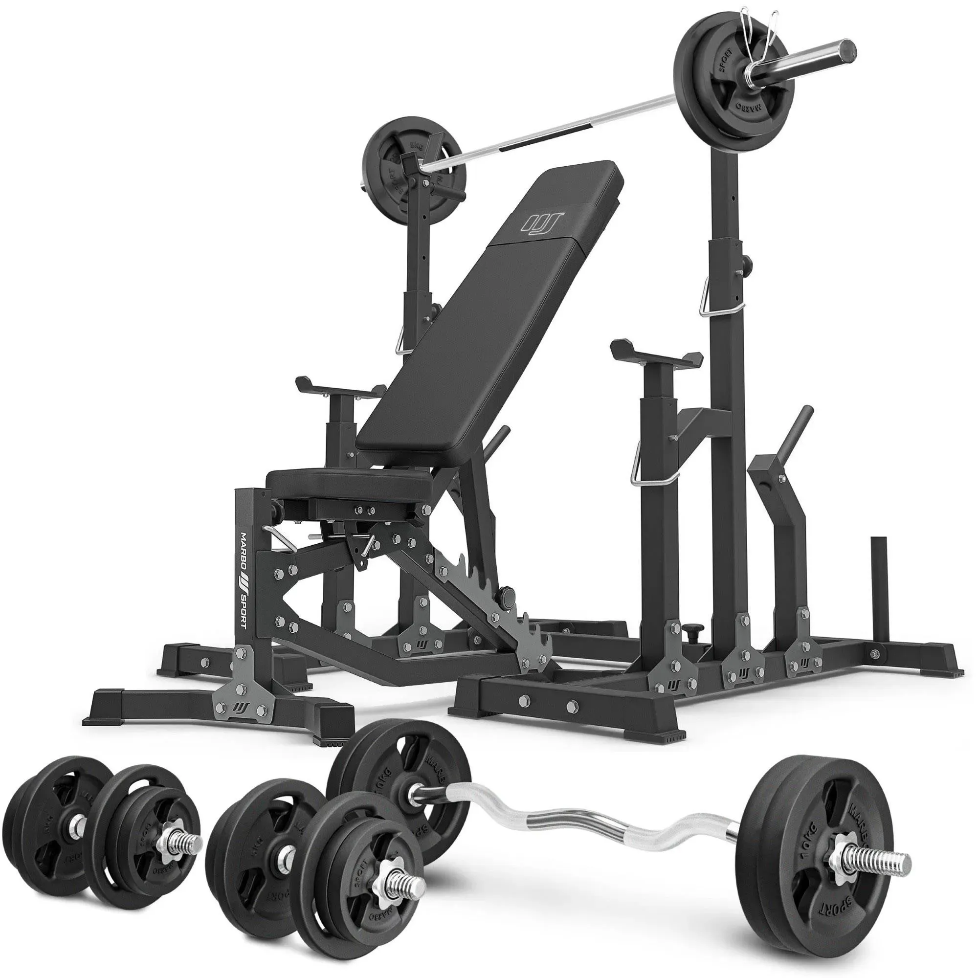 Set MS11_2.0_113KG | Doppelseitig verstellbare Hantelbank + verstellbare Ständer + Stangen- und Hantelscheiben Set 113 kg - Marbo Sport