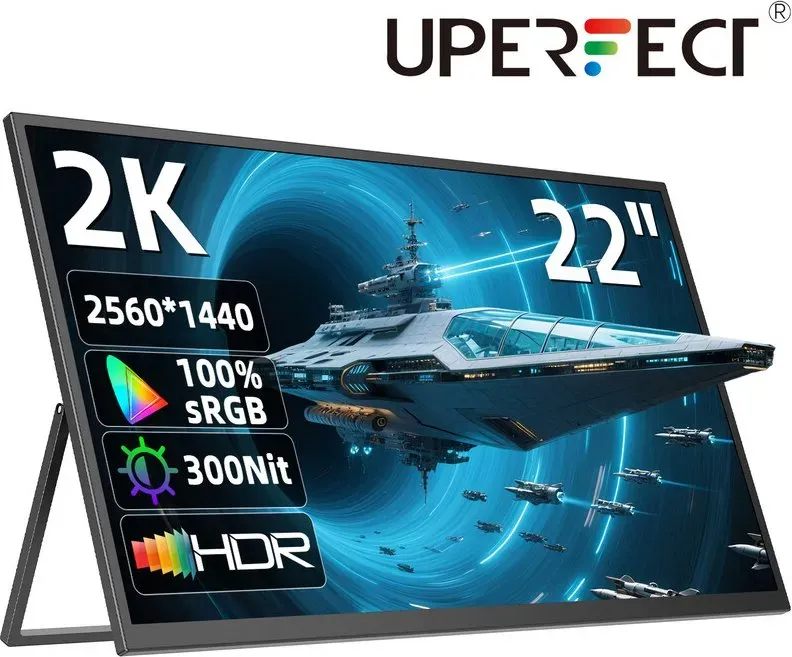 UPerfect 22 Zoll 2K tragbarer Monitor mit 2560 x 1440 QHD IPS, 180° verstellbarer Stand, USB‐C, Mini‐HDTV, Dual‐Lautsprecher, für Laptop, PC, PS4/5, Switch, Xbo, VESA‐kompatibel