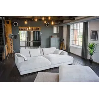 KAWOLA Big Sofa MADELINE Cord cremeweiß mit Hocker / 4 Zierkissen / Armlehntablett schwarz