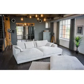 KAWOLA Big Sofa MADELINE Cord cremeweiß mit Hocker / 4 Zierkissen / Armlehntablett schwarz