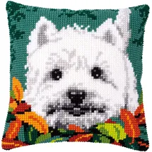 Vervaco Kreuzstich Stickpackungen Kissen Stickerei Set Anfänger Vorgedruckt Westie zwischen Blättern DIY Set Kreativ Set Für Erwachseneca. 40 x 40 cm Bastelset Handwerker Haus Dekoration