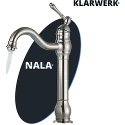 NALA | Vintage Hotel Gastro Silber gebürstet  hohe Badarmatur |Retro Premium Edelstahl Wasserhahn Für hohe Waschbecken |Mischbatterie 2 Anschlüsse