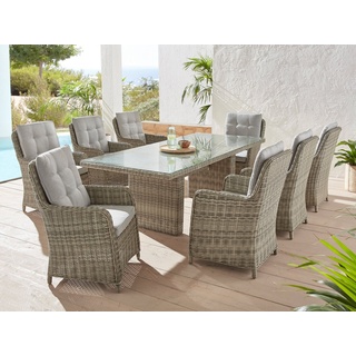 Konifera Garten-Essgruppe »Venedig«, (Set, 25 tlg., 8x Sessel, 1x Tisch 230,8x100,5x76 cm, inkl. Auflagen), Polyrattan, Aluminium, Tischplatte aus 5mm starkem Sicherheitsglas, grau