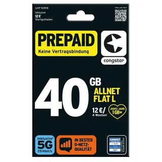 congstar Prepaid Allnet L mit doppeltem Startguthaben: 40 GB Datenvolumen & Flatrate für Telefonie und SMS, 5G-Speed, EU-Roaming
