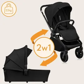 lionelo Mika Plus 2-in-1 Buggy 0-48 Monate (22kg), XXL-Verdeck mit UPF50+, 3-stufige Verstellung des Elterngriffs - Black Onyx - Schwarz