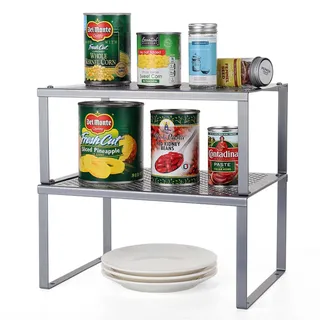 LIANTRAL Küchenregal, Küchenschrank Organizer 2er Set, Erweiterbar und Stapelbar Gewürzregal, Küchen Organizer, Metall kleines Regal für Schrank Arbeitsplatte Speisekammer, Silber