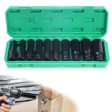 11tlg Schlagschrauber Nüsse Set 1/2 Zoll, Langnuss Set Sechskant Stecknüsse 10-24mm Schlagnuss Set 1/2 Steckschlüsselsatz mit Stecknuss Adapter für Reparatur und Wartung