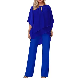 Damen Hosenanzüge Elegant Hochzeit Gäste Hosenanzug 2-teiliges Chiffon Formelles Outfit Übergröße Abschlussball Abend Zweiteiliger Hosenanzug Mutter der Braut Hosenanzug, #03 Blau, 3XL - 3XL