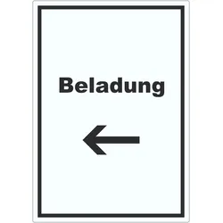 Beladung Aufkleber mit Text und Richtungspfeil links Transport Fracht hochkant A6 (105x148mm)