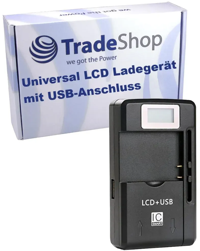 Trade-Shop Universal LCD Ladegerät Ladestation Tischlader für Li-Ion 3,7V Akku bis 6,5cm, verstellbare Ladeschale passend für viele Smartphone Handy Digitalkamera Akkus/mit USB-Anschluss