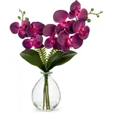 Hollyone Künstliche Orchideen Violett mit Klar Glasvase, Kunstblumen im Vase mit Real Touch Blüten, Gefälschte Orchideen Künstliche Phalaenopsis Blumen für Wohnzimmer Büro Küche Tisch