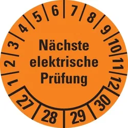 Dreifke® Prüfplakette Nächste elektrische Prüfung 27-30,orange,Dokufolie,Ø30mm,18 St/Bogen