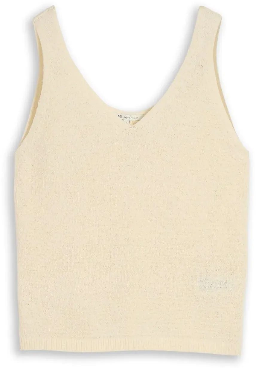 TOM TAILOR DENIM Damen Relaxed Fit Stricktop mit V-Ausschnitt, weiß, Uni, Gr. M