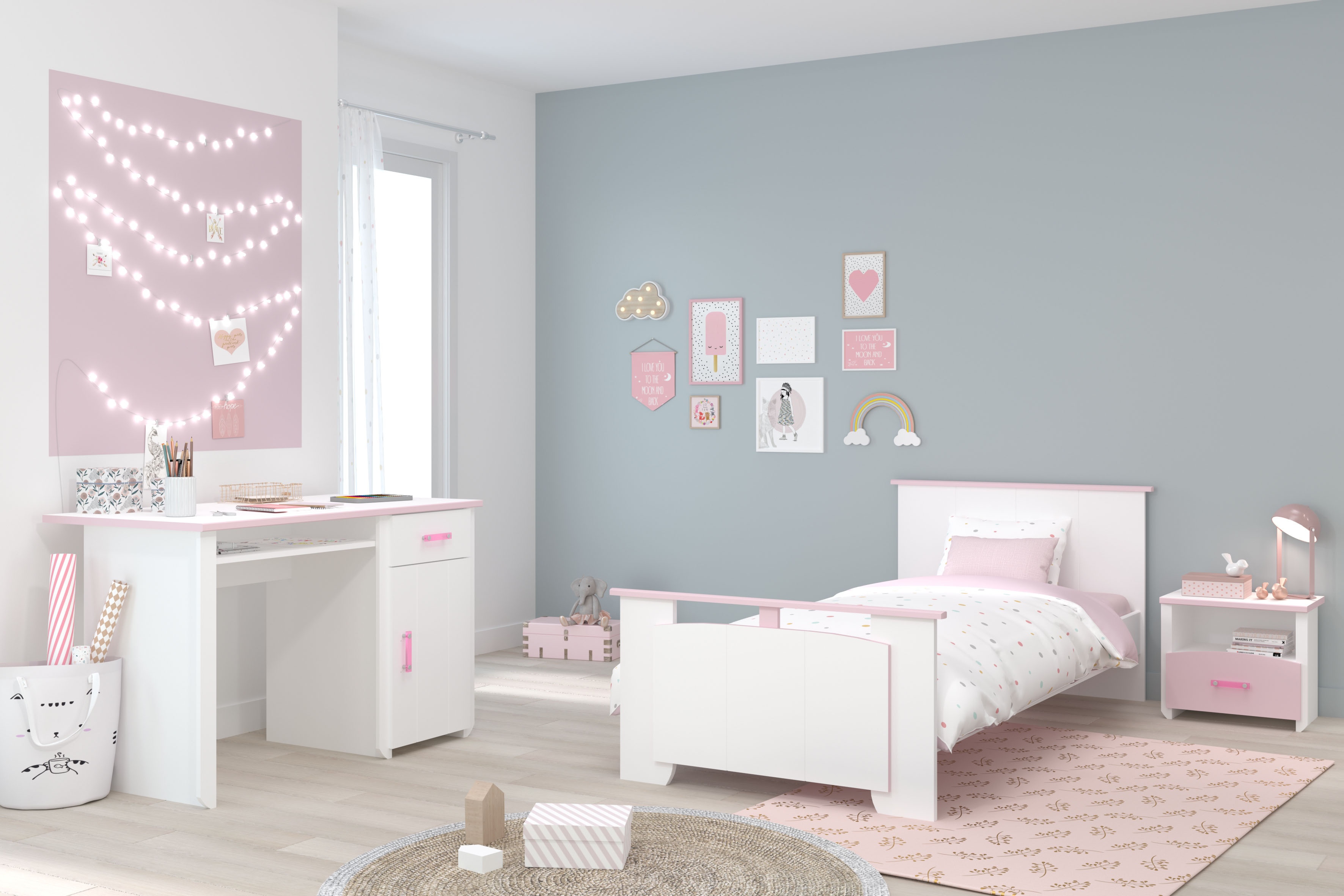 Parisot Jugendzimmer-Set »Biotiful«, (3 St., Bett, Nachttisch, Schreibtisch) Parisot weiß/rosa