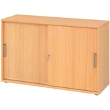 bümö Schiebetürenschrank 2OH - Aktenschrank abschließbar, Sideboard Schrank mit Schiebetüren in Buche, Streifengriff - Büroschrank aus Holz mit
