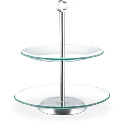 Relaxdays Etagere, 2-stöckig, rund, Cupcakes, Kekse, Snacks, Obst, Glas, Edelstahl, Servierständer, transparent/silber