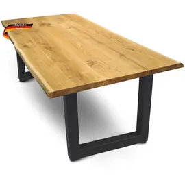 deluke DELUKE® Massivholz Wohnzimmertisch mit Baumkante RAGNAR - 180x85cm, Eichenholz, U-Tie Gestell | Esstisch Holz Küchentisch Esszimmertisch