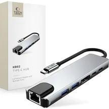 TECH-PROTECT HB02 6in1 USB-C HUB Adapter USB2.0 USB3.0 HDMI 4K 30Hz + RJ45 + PD100W Grau