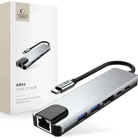 TECH-PROTECT HB02 6in1 USB-C HUB Adapter USB2.0 USB3.0 HDMI 4K 30Hz + RJ45 + PD100W Grau