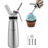 Jopassy Sahnespender Sahnesyphon Edelstahl, 0,5 L Schlagsahnebereiter mit 3 Edelstahl Deko-Düsen und 1 Reinigungbürste, Profi Schlagsahne Dispenser für Desserts Gebäck Sahne, Soßen und mehr