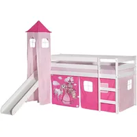 IDIMEX Hochbett mit Rutsche Benny Kinderbett Spielbett Holzbett mit Vorhang und Turm Prinzessin Motiv rosa pink, Kiefer massiv weiß lackiert, 90 x 200 cm