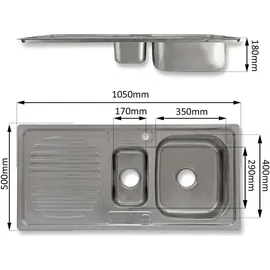 MONSTER SHOP Monstershop Küchenspüle – Edelstahl, wendbar, 1,5 Schüssel, 105x18x50 cm