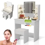 Juskys Schminktisch Zoey & Hocker Melly Touch-LED-Spiegel & Stauraum, moderne Optik – Weiß