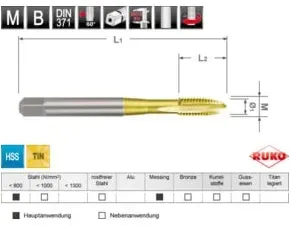 RUKO Maschinengewindebohrer M DIN 371 HSS-TiN, Form B, M 10
