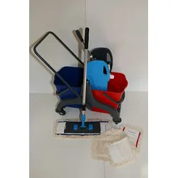 CleanSV® Wischset PE 40  - Reinigungswagen PE mit Presse, MopSet 40 cm: 3 Baumwollmop, Halter, Telskopstiehl
