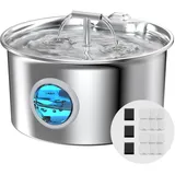 Katzenbrunnen Edelstahl Katzen Trinkbrunnen: Trinkbrunnen für Katze - 2.6L leiser Katzenbrunnen für Katzen - mit 6 Kohlefilters + 3 Schwämmes - Wasserstandsfenster mit LED-Beleuchtung