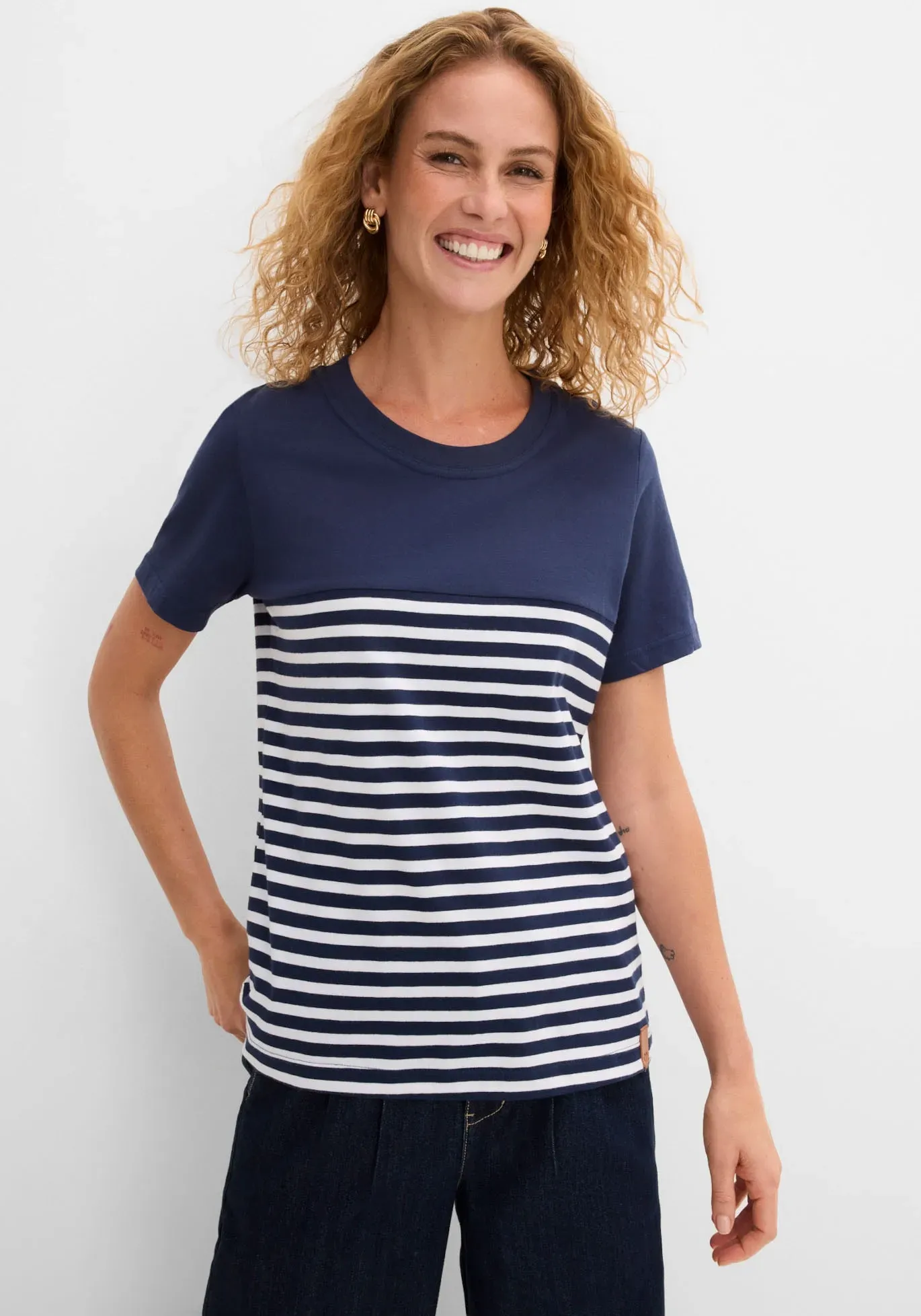 T-Shirt BONPRIX, Damen, Gr. 44/46 (L), blau (dunkelblau gestreift), Jersey, Obermaterial: 100% Baumwolle, gestreift, loose fit normal, Rundhals, Shirts T-Shirt, lockere Passform, Kurzarm-Design, mit Rundhalsausschnitt