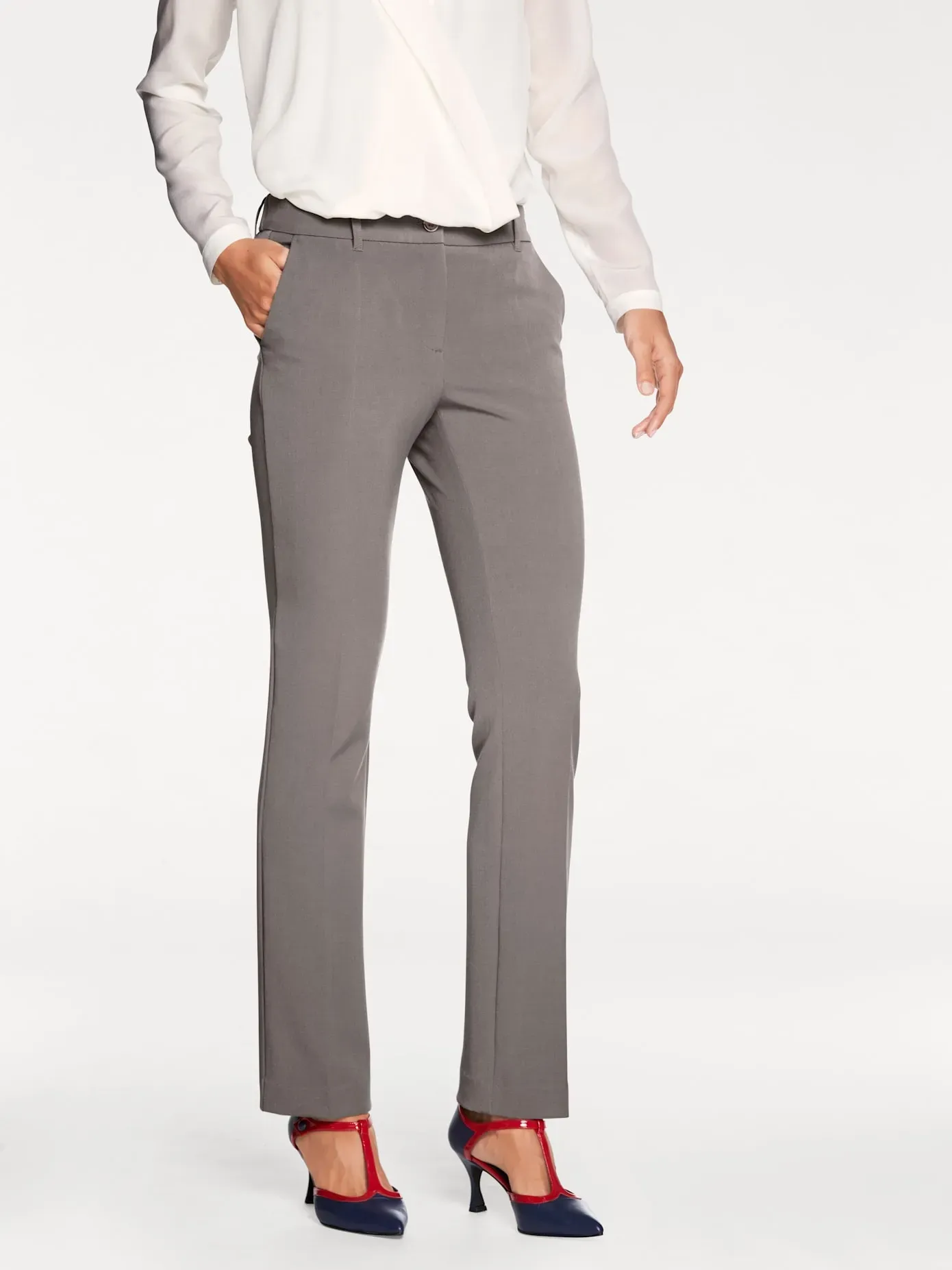 Stretch-Hose HEINE, Damen, Gr. 38, Normalgrößen, grau (taupe), 62% Polyester, 33% Viskose, 5% Elasthan, unifarben, lang, Hosen
