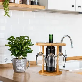 Relaxdays Weinglashalter, Bambus, für 6 Gläser, rund Ø 25cm, Weingeschenk, Bar, Weinbutler mit Weinflaschenhalter, natur