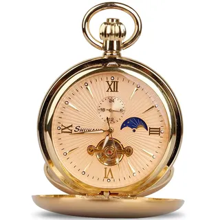Tiong Doppelte Hunter Mechanische Tourbillon Mond Phase Taschenuhren Analoge Steampunk Antike Skelett Anhänger für Geburtstag
