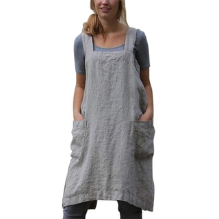 Schürze Baumwollleinen Einfarbig Japanischen Stil in X-Form für Küche Kochen Gartenarbeit mit 2 Taschen Pinafore Schürze (Grau, XXXXXL)