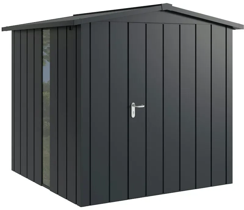 Hörmann Metall-Gerätehaus Juno JSD mit Satteldach B 214 x T 214 cm (JSD 5) mit bodentiefem Glaselement Motiv Modern (mit schmalen Lamellen) Einzeltür Türanschlag rechts Anthrazitgrau (RAL 7016)
