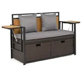 COSTWAY Gartenbank Polyrattan mit Stauraum, klappbaren Seitenablagen & Kissen, wetterfeste Truhenbank, 2-Sitzer Balkonbank, Sitzbank 120x51x82cm Grau - Braun/Grau