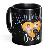 Tassendruck Schwarze Tasse mit Spruch für den weltliebsten Cousin - Tasse mit Foto selbst gestalten - Geschenk für Cousin, Fotogeschenk Familie | Schwarze Fototasse, 300 ml